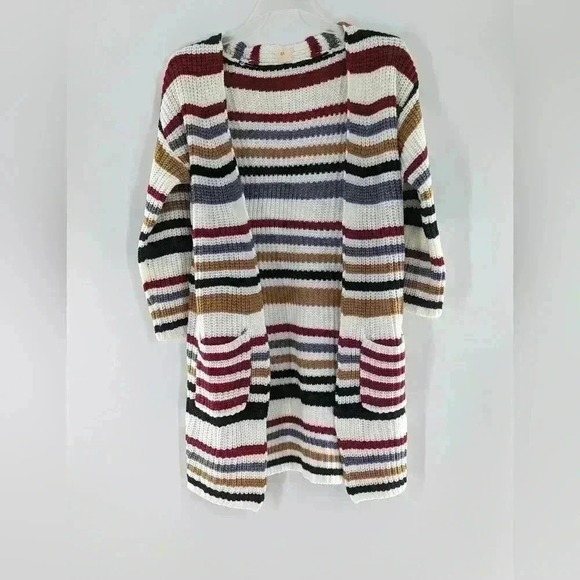 Girls Size 3T Long Cardigan Long Sleeve Stripped Crochet Sweater With Pockets - Picture 1 of 8